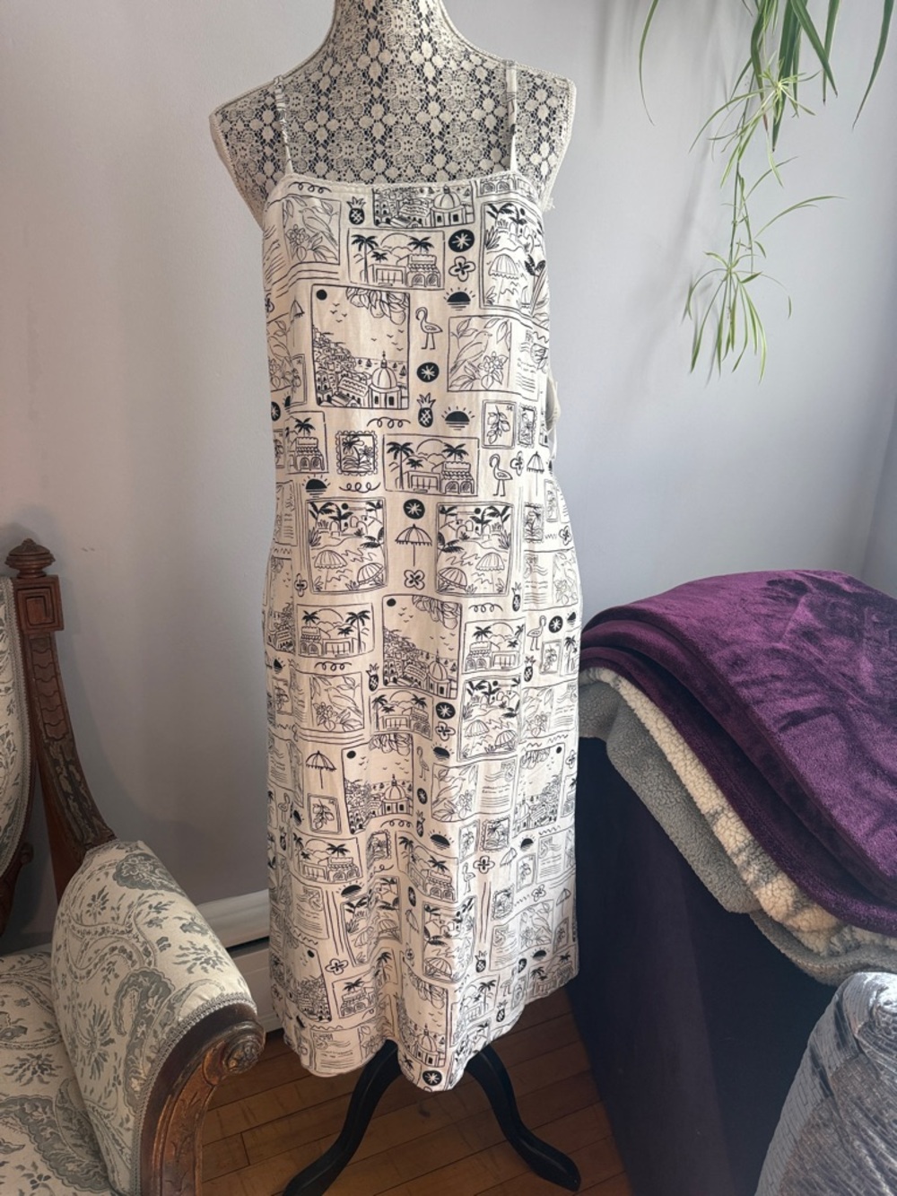 Cream & Black Illustrated Midi Slip Dress